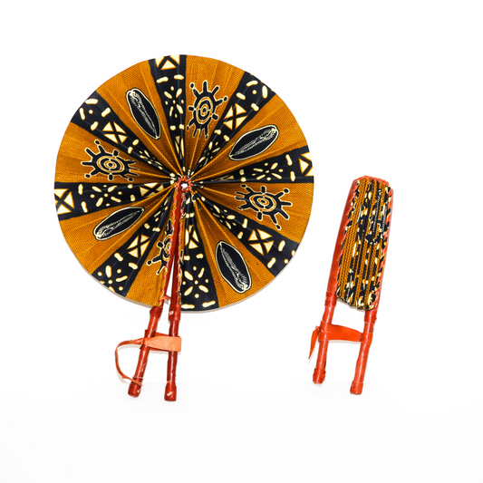 Sun Symbols – Earth Toned African Fan with Leather Handle