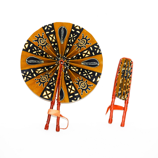 Sun Symbols – Earth Toned African Fan with Leather Handle