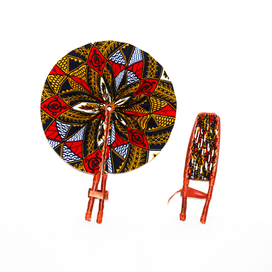 Queen’s Emblem – Foldable African Fan with Regal Red Accents